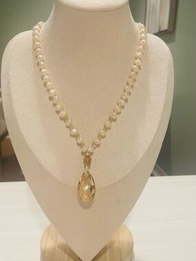 Elegant Ivory Pearl Necklace with Golden Crystal Pendant